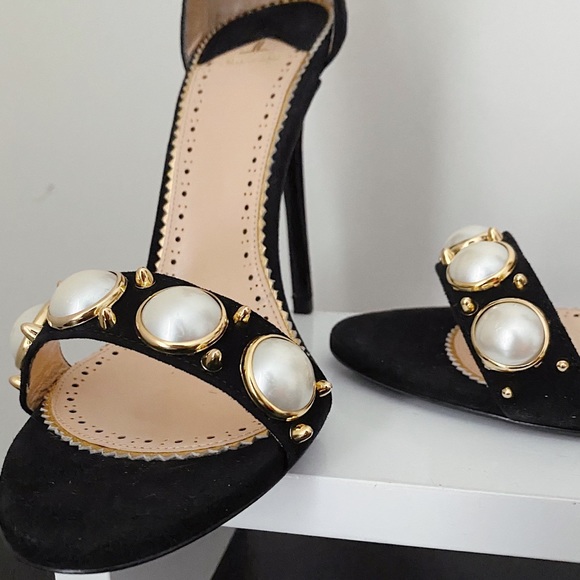 Elisabetta Franchi Faux Pearl Black Gold Strappy Sandals 40 41 10 10.5 11 - Picture 9 of 11